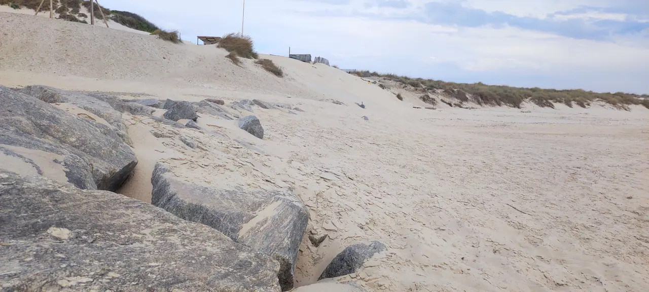 Pale sandy beach and low dunes edged by smooth limestone rocks