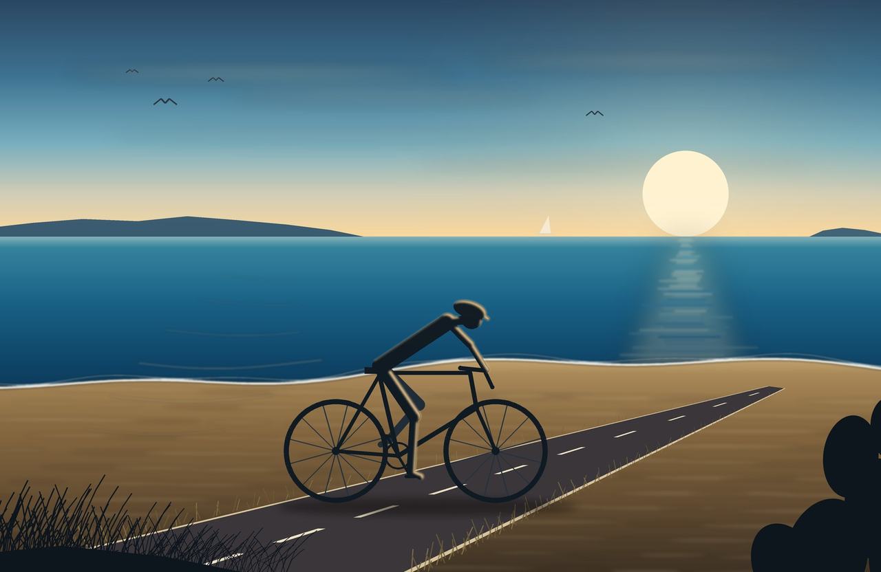 Cyclist on a Salento coast road at sunset near Lecce