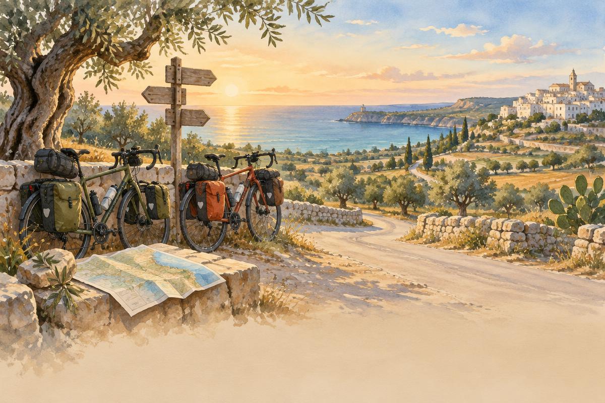 Watercolour illustration of touring bicycles, a paper map and a Puglia coastal landscape