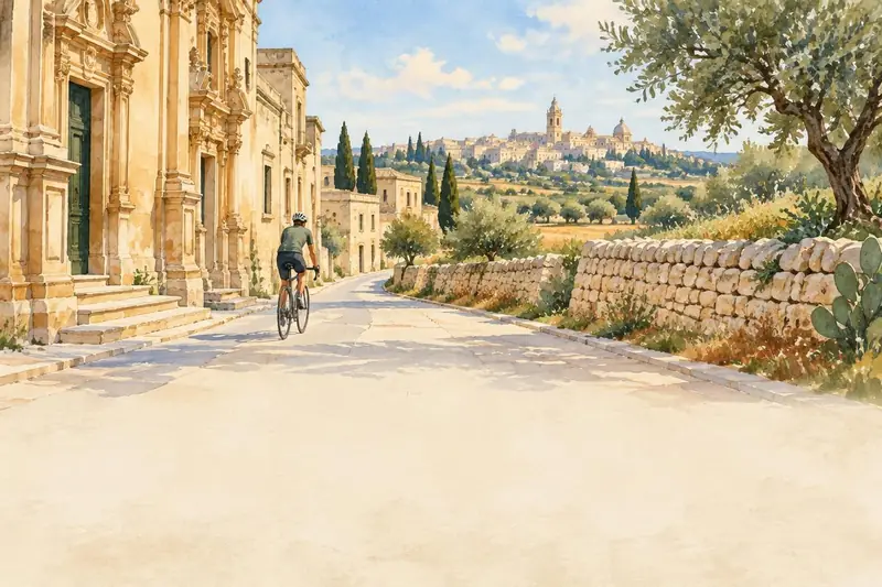 Aquarellillustration eines Radfahrers, der Lecce durch helle Steingebäude verlässt