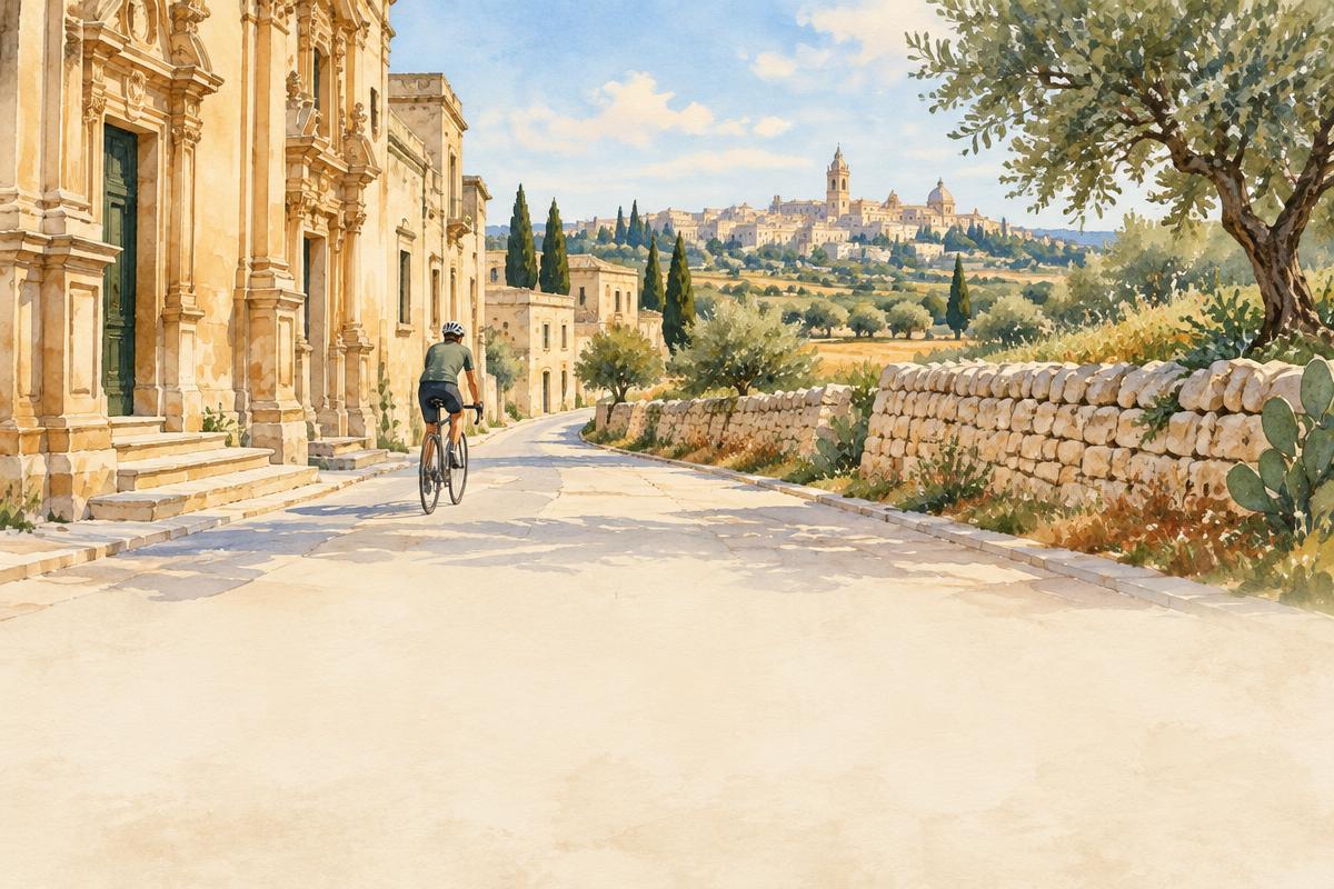 Watercolour illustration of a cyclist leaving Lecce through warm limestone architecture