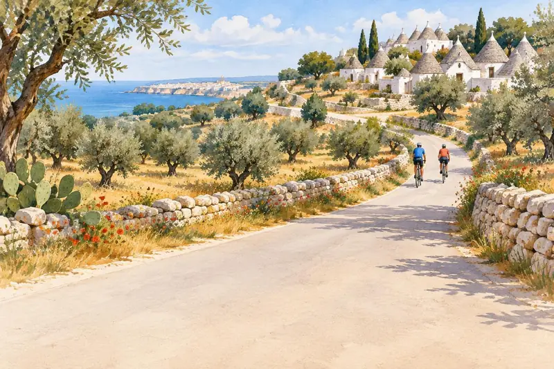 Aquarellillustration von Radfahrern zwischen Trulli und Olivenhainen in Apulien