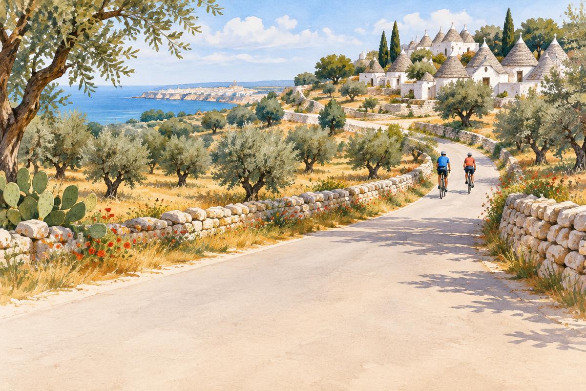 Watercolour illustration of cyclists on a country lane among trulli and olive groves in Puglia