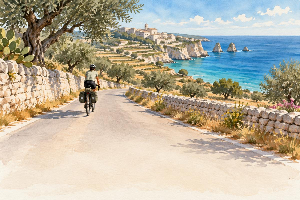 Watercolour illustration of a cyclist on a coastal road among olive trees in Salento
