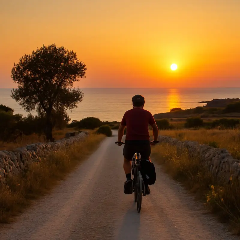 Cyclist on a Salento coast road at sunset