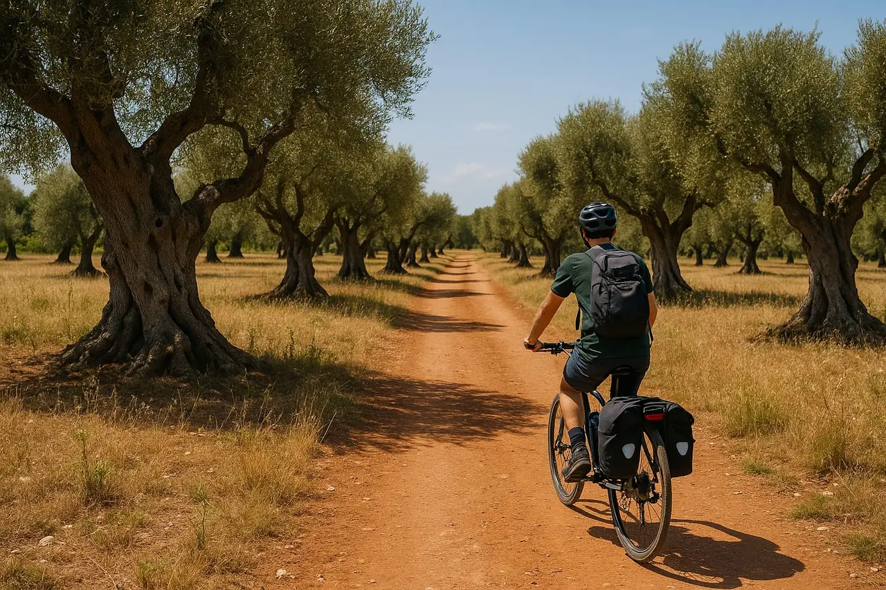 Cyclist on a country road between olive trees in Salento, Puglia