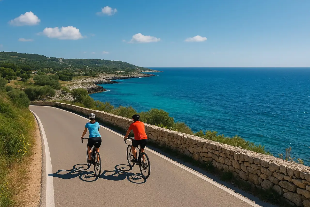 Two cyclists riding a quiet coastal road in Puglia on rental road bikes