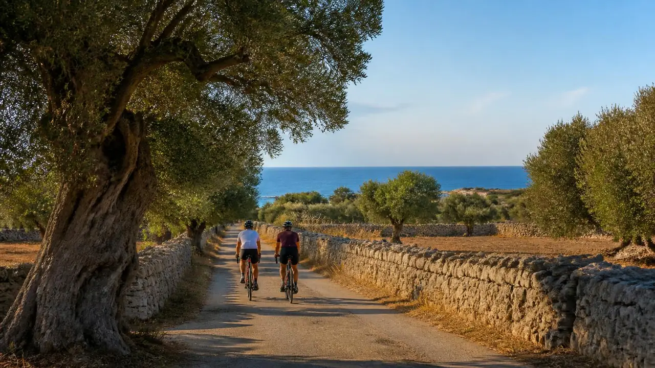 Two cyclists on an olive-lined Salento road heading towards the sea