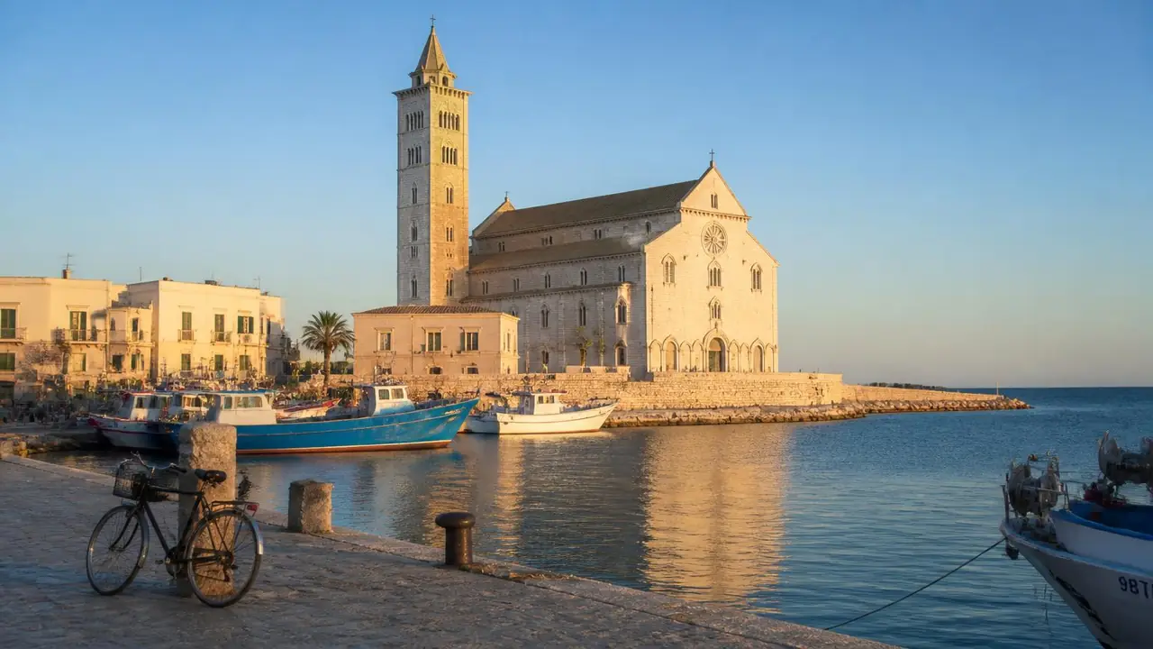 Trani's Romanesque cathedral on the seafront with fishing boats and a bicycle on the quay